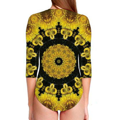 Yellow Flower Kaleidoscope Print Long Sleeve Swimsuit
