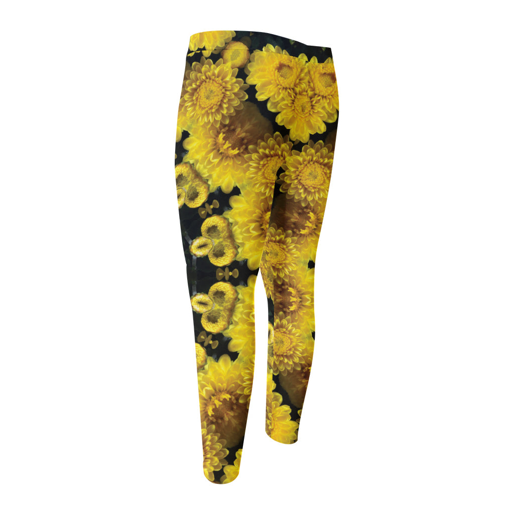 Yellow Flower Kaleidoscope Print Men's Compression Pants