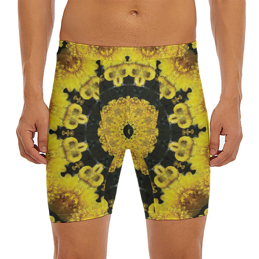 Yellow Flower Kaleidoscope Print Men's Long Boxer Briefs