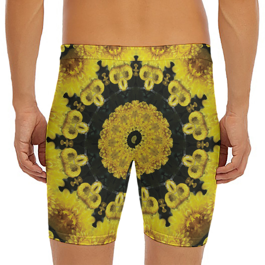 Yellow Flower Kaleidoscope Print Men's Long Boxer Briefs