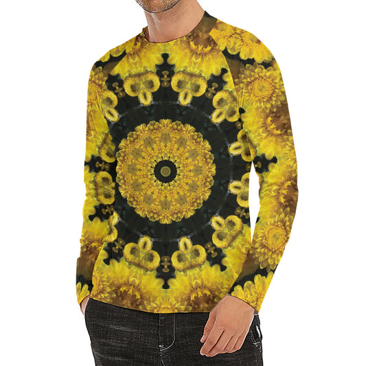 Yellow Flower Kaleidoscope Print Men's Long Sleeve Rash Guard