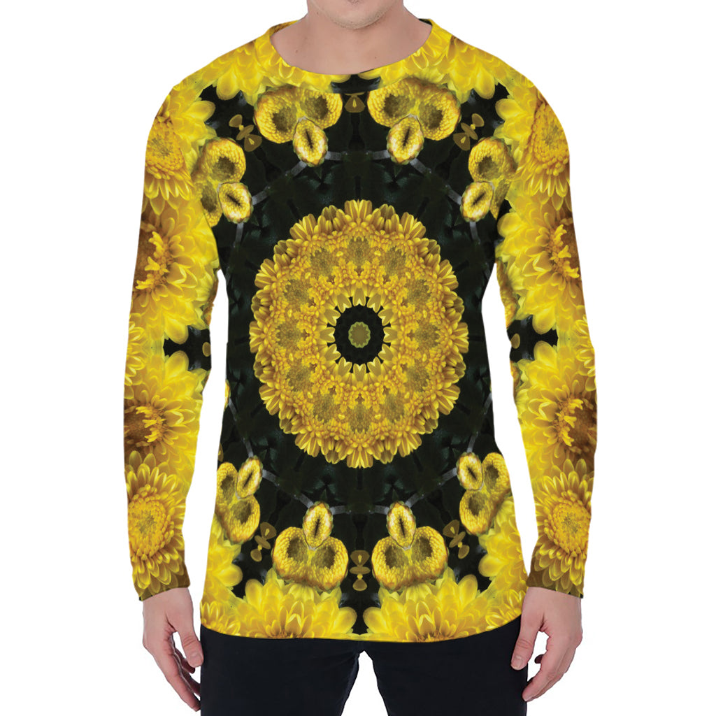 Yellow Flower Kaleidoscope Print Men's Long Sleeve T-Shirt