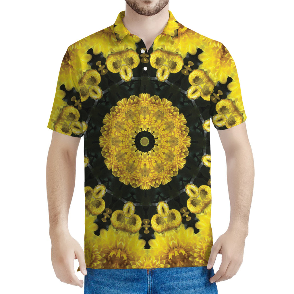 Yellow Flower Kaleidoscope Print Men's Polo Shirt