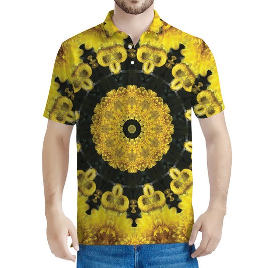 Yellow Flower Kaleidoscope Print Men's Polo Shirt