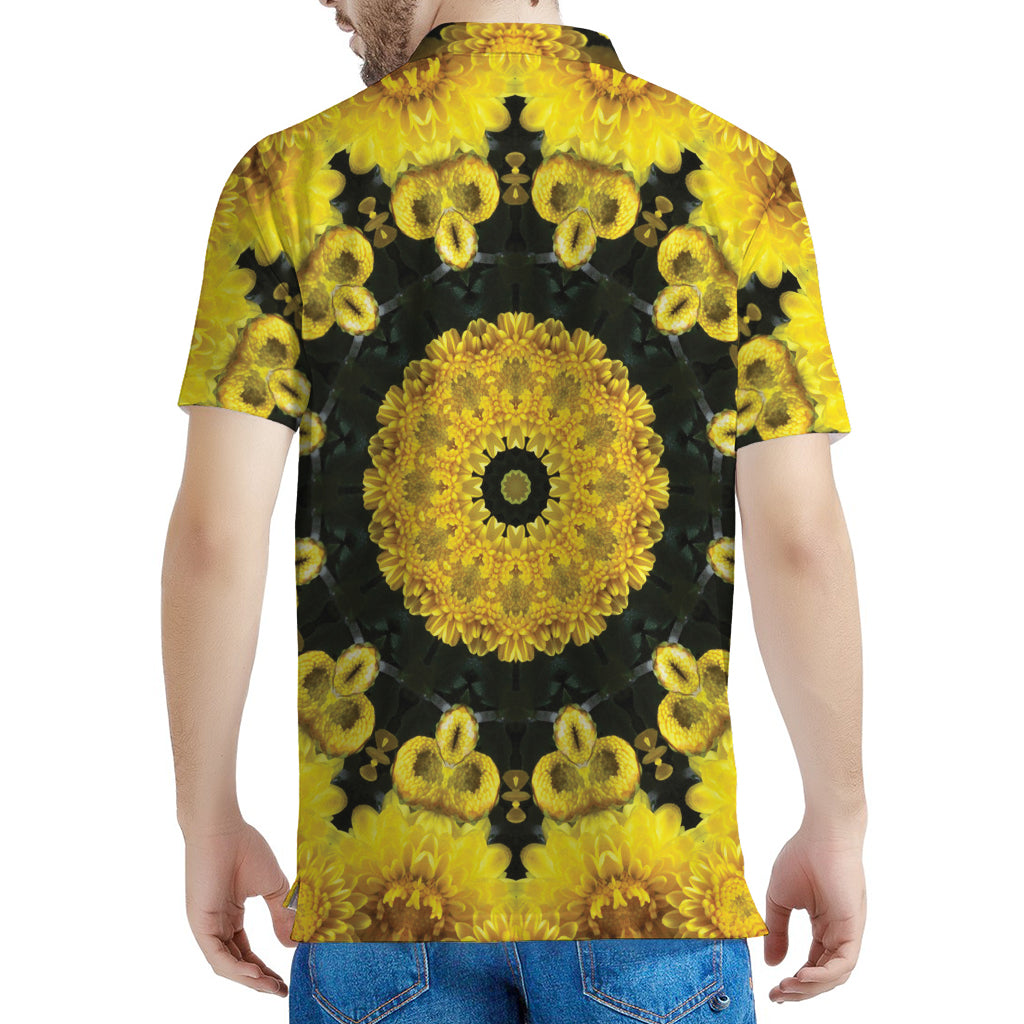 Yellow Flower Kaleidoscope Print Men's Polo Shirt
