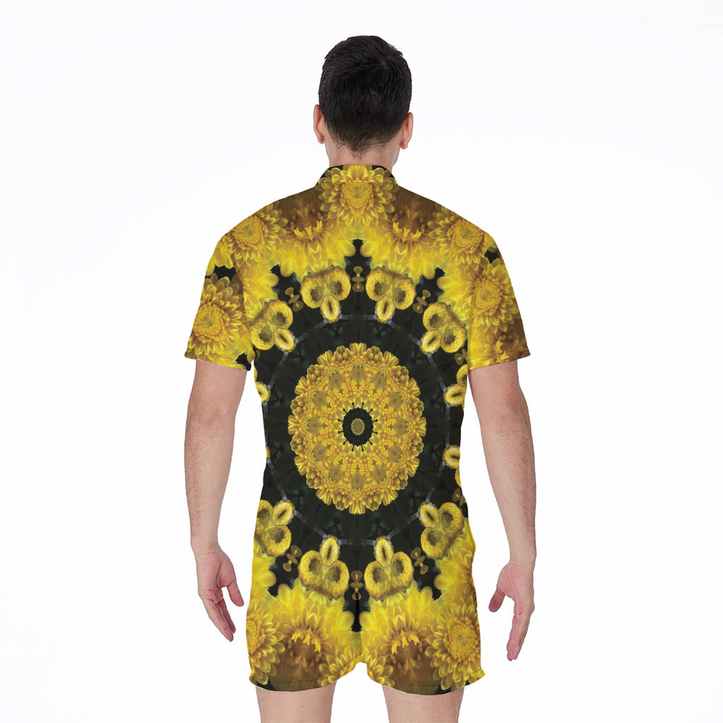 Yellow Flower Kaleidoscope Print Men's Rompers