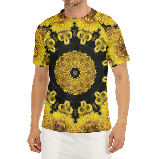 Yellow Flower Kaleidoscope Print Men's Short Sleeve Rash Guard