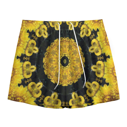 Yellow Flower Kaleidoscope Print Mesh Shorts
