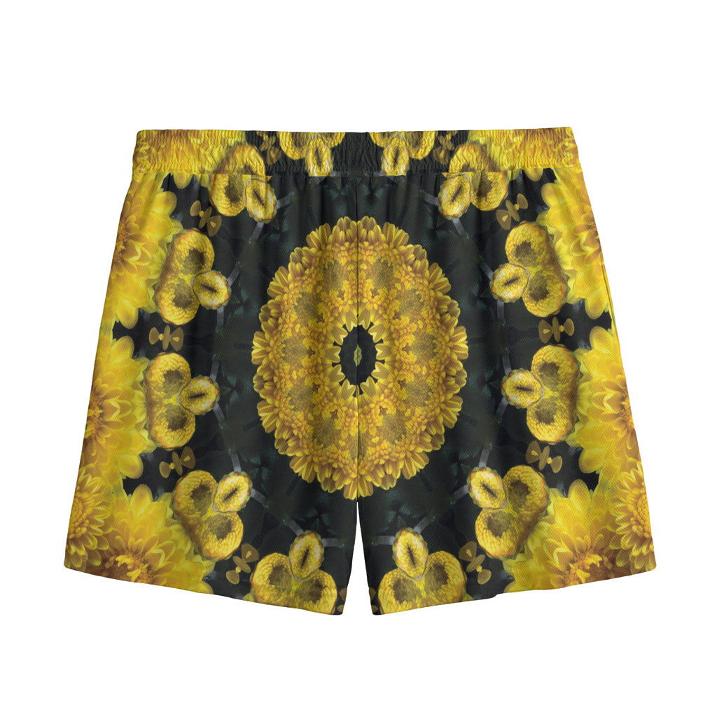 Yellow Flower Kaleidoscope Print Mesh Shorts