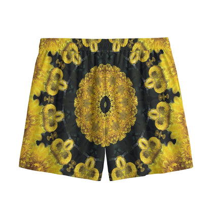 Yellow Flower Kaleidoscope Print Mesh Shorts