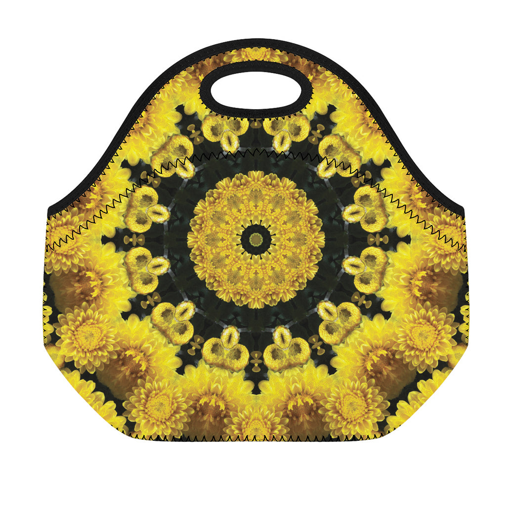 Yellow Flower Kaleidoscope Print Neoprene Lunch Bag