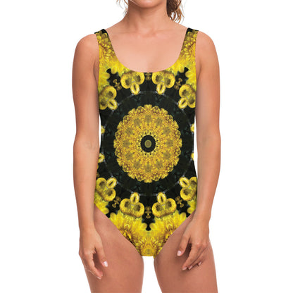 Yellow Flower Kaleidoscope Print One Piece Swimsuit