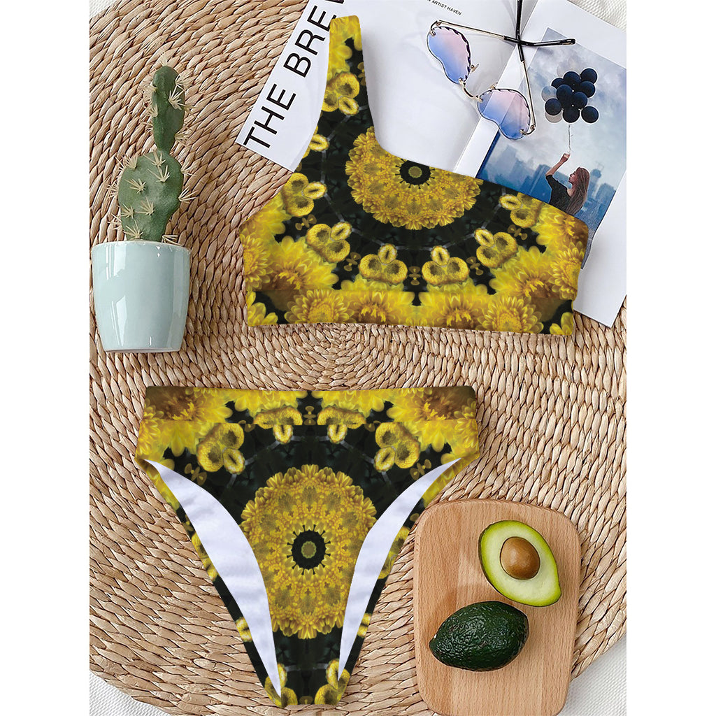 Yellow Flower Kaleidoscope Print One Shoulder Bikini Top