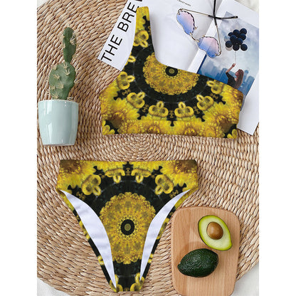 Yellow Flower Kaleidoscope Print One Shoulder Bikini Top