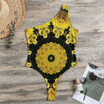 Yellow Flower Kaleidoscope Print One Shoulder Bodysuit