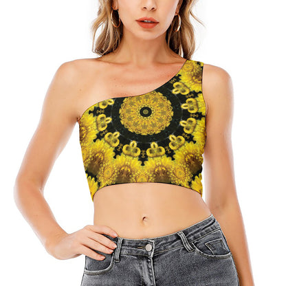 Yellow Flower Kaleidoscope Print One Shoulder Crop Top