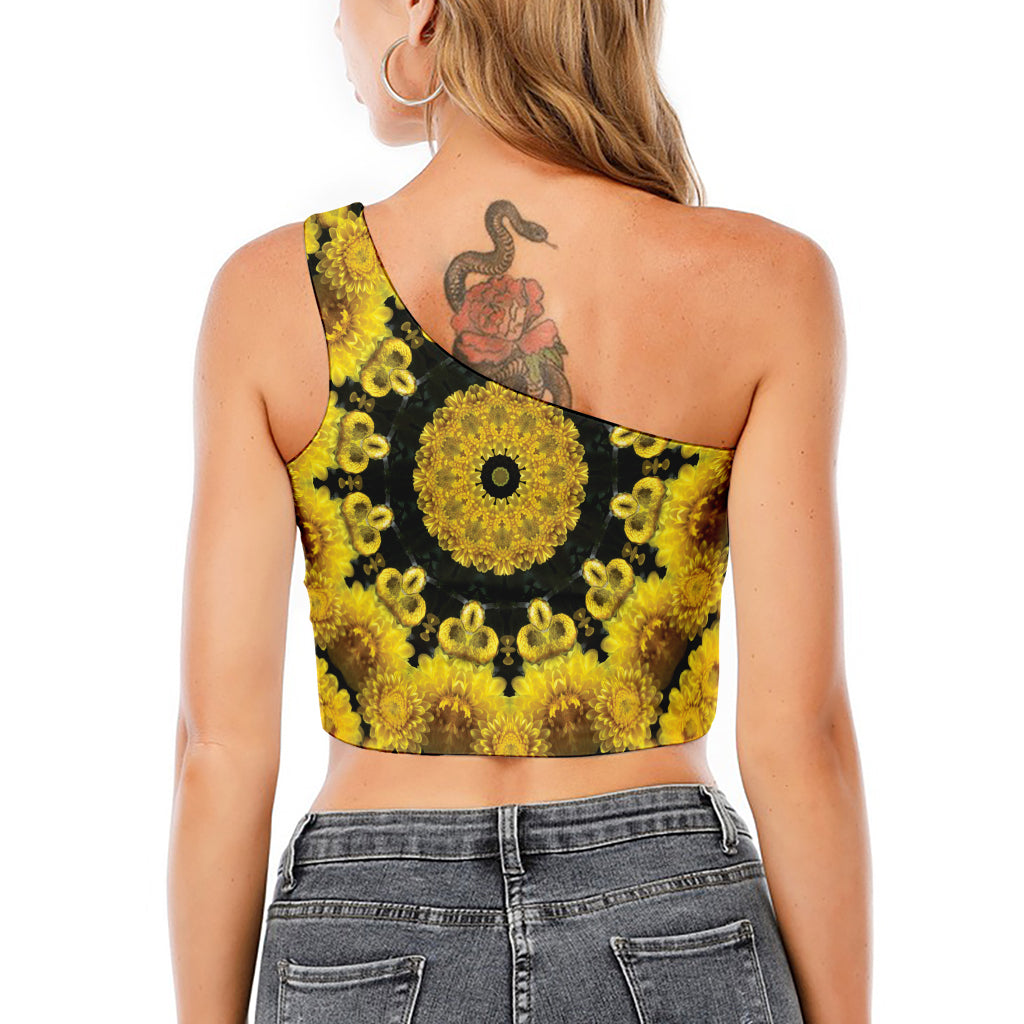 Yellow Flower Kaleidoscope Print One Shoulder Crop Top