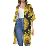 Yellow Flower Kaleidoscope Print Open Front Beach Cover Up