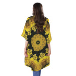 Yellow Flower Kaleidoscope Print Open Front Beach Cover Up