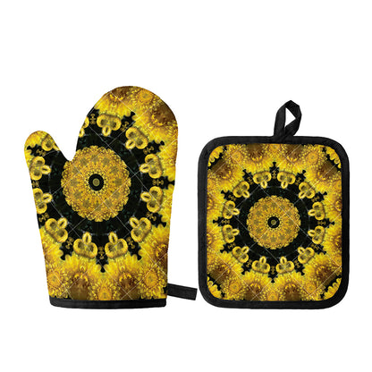 Yellow Flower Kaleidoscope Print Oven Mitt And Pot Holder Set