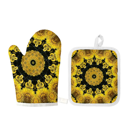 Yellow Flower Kaleidoscope Print Oven Mitt And Pot Holder Set