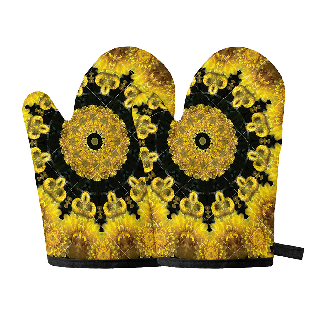 Yellow Flower Kaleidoscope Print Oven Mitts