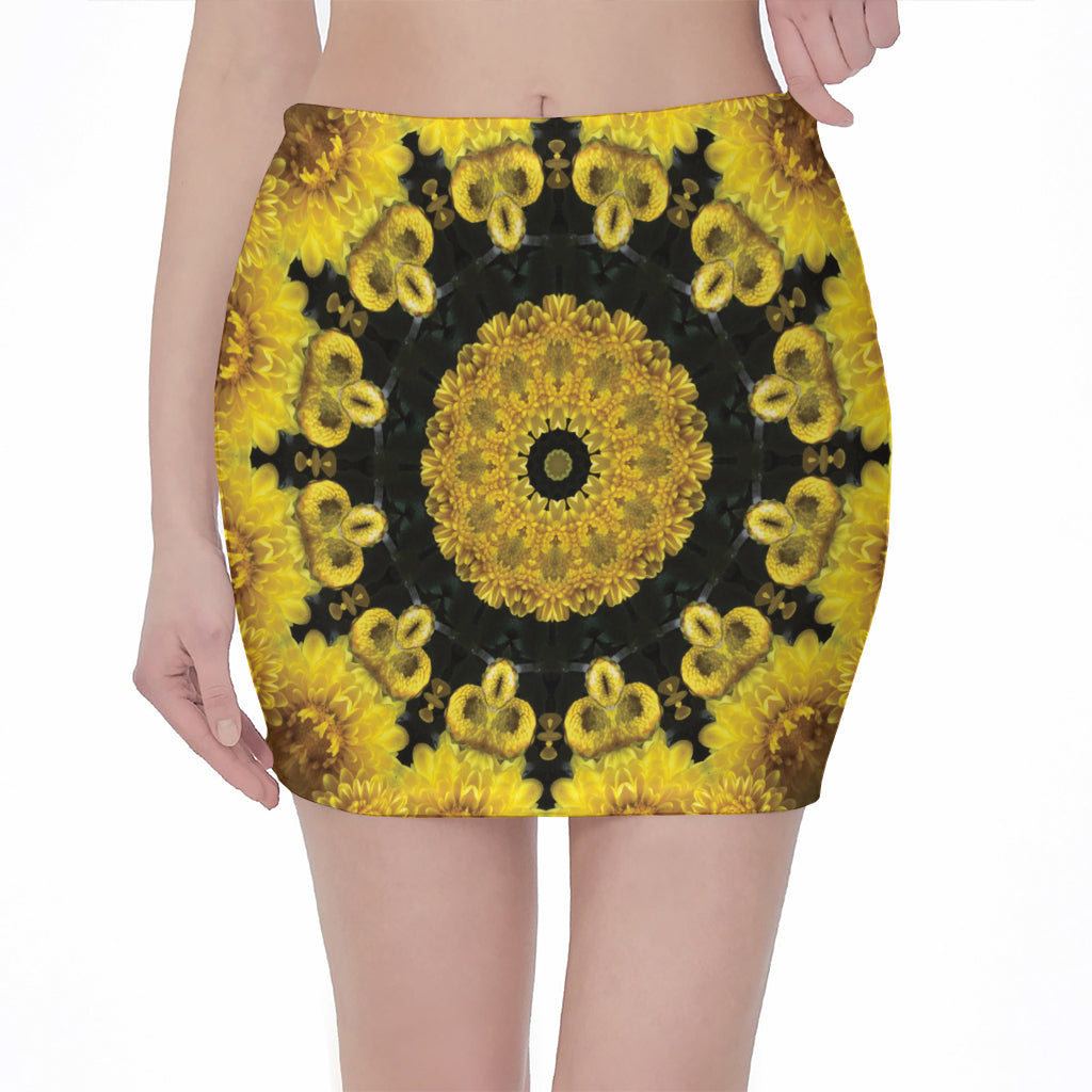 Yellow Flower Kaleidoscope Print Pencil Mini Skirt