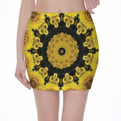 Yellow Flower Kaleidoscope Print Pencil Mini Skirt