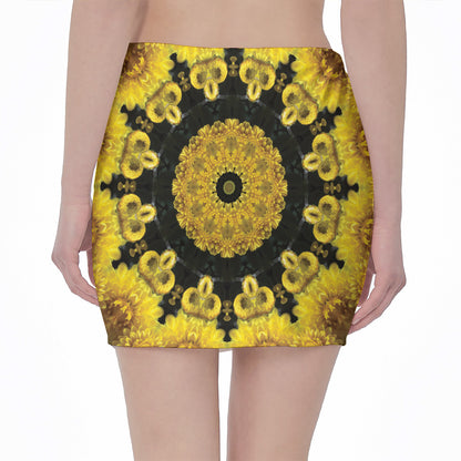Yellow Flower Kaleidoscope Print Pencil Mini Skirt
