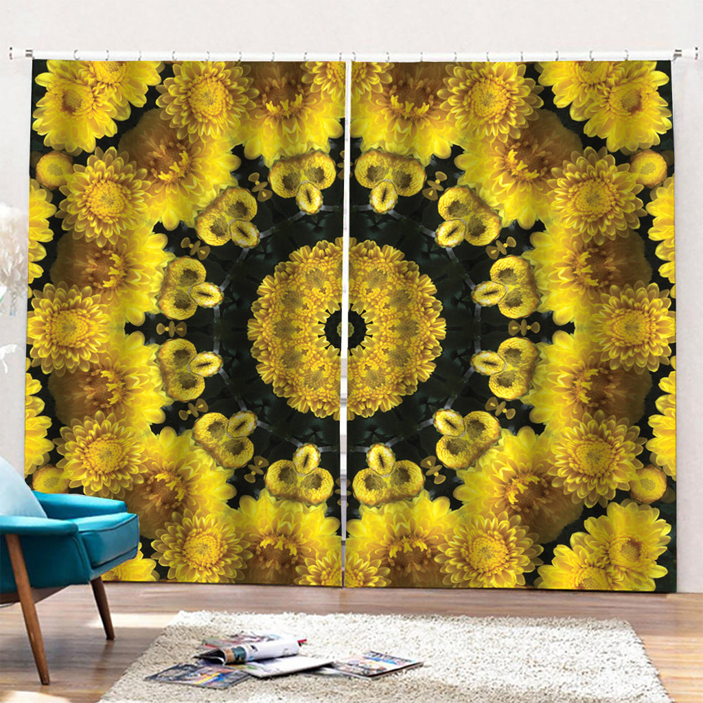 Yellow Flower Kaleidoscope Print Pencil Pleat Curtains