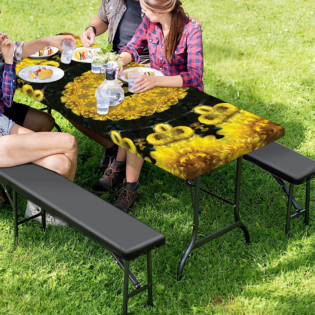 Yellow Flower Kaleidoscope Print Picnic Table Cover