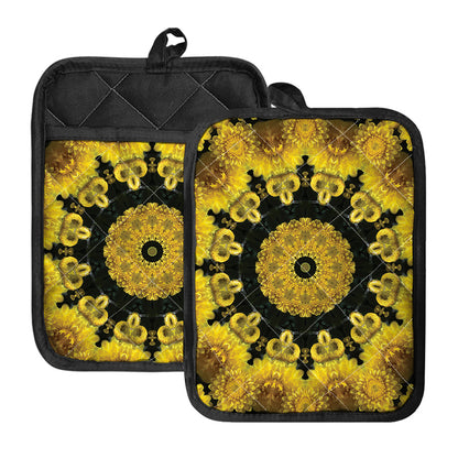 Yellow Flower Kaleidoscope Print Pot Holders With Pocket