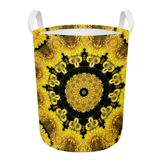 Yellow Flower Kaleidoscope Print Round Laundry Basket