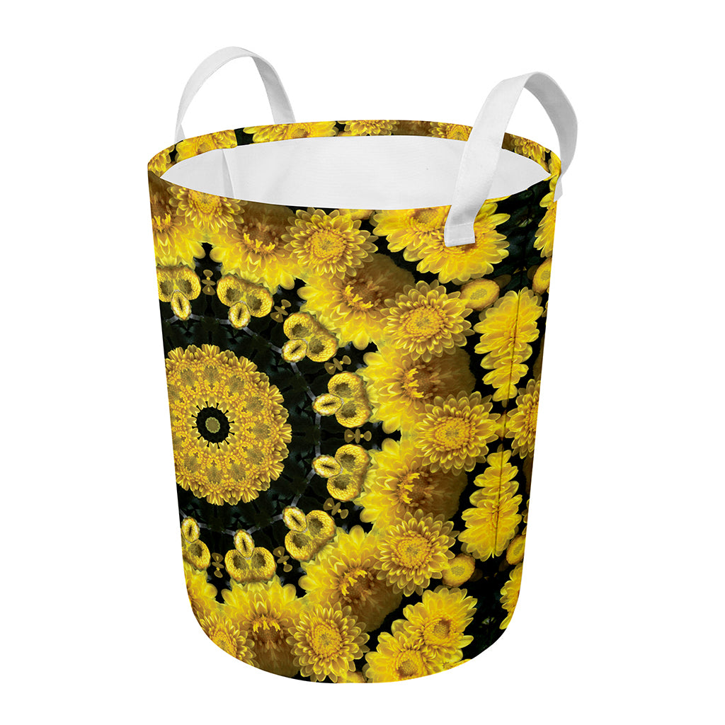 Yellow Flower Kaleidoscope Print Round Laundry Basket