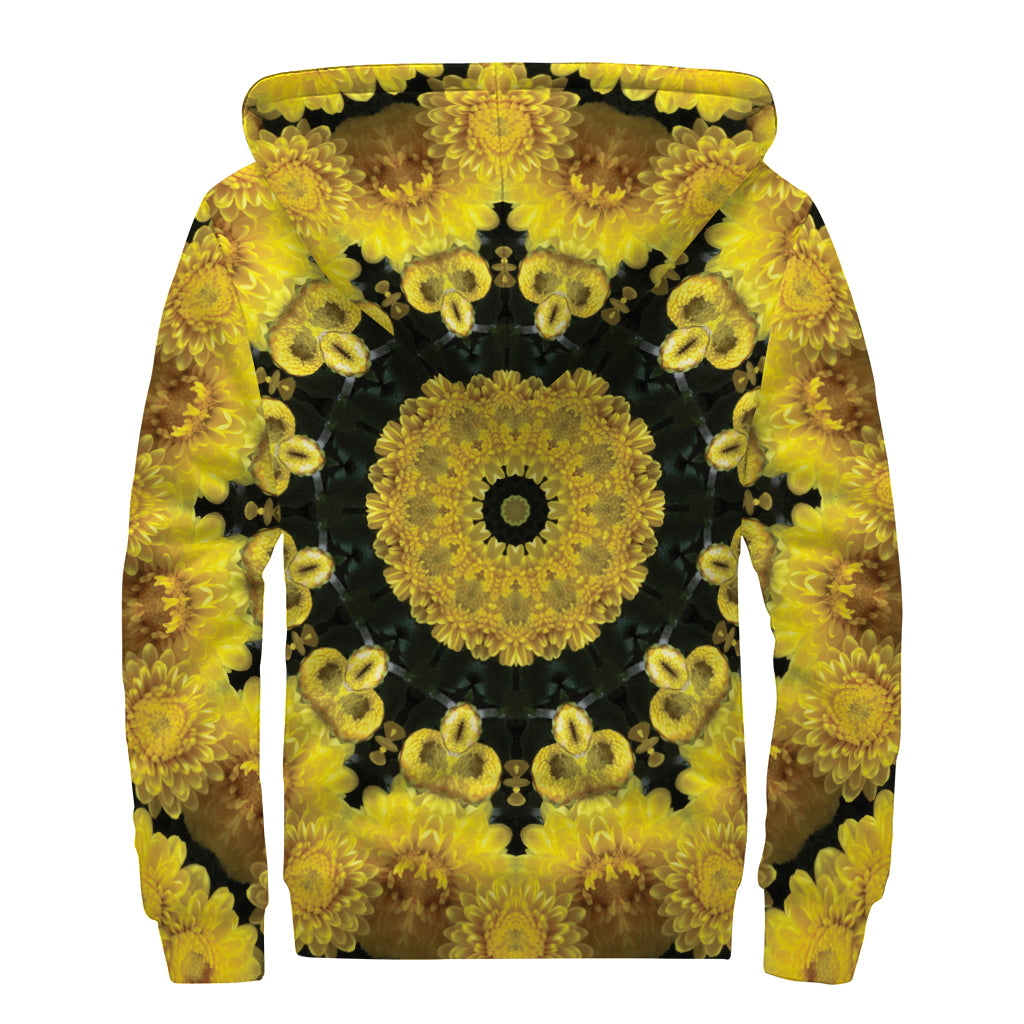 Yellow Flower Kaleidoscope Print Sherpa Lined Zip Up Hoodie