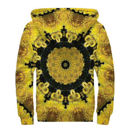 Yellow Flower Kaleidoscope Print Sherpa Lined Zip Up Hoodie