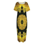 Yellow Flower Kaleidoscope Print Short Sleeve Long Nightdress