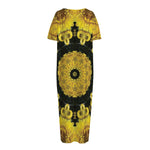 Yellow Flower Kaleidoscope Print Short Sleeve Long Nightdress