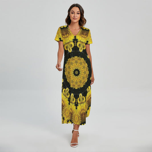 Yellow Flower Kaleidoscope Print Short Sleeve Maxi Dress