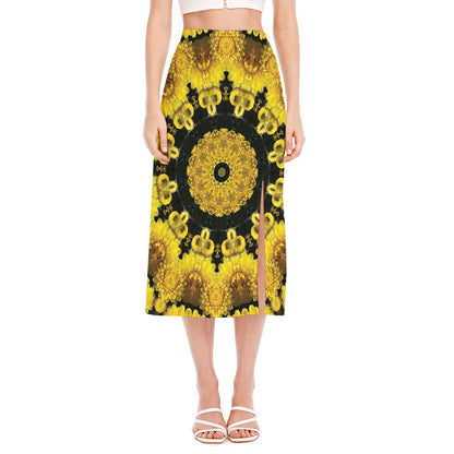 Yellow Flower Kaleidoscope Print Side Slit Midi Skirt