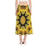 Yellow Flower Kaleidoscope Print Side Slit Midi Skirt