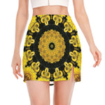 Yellow Flower Kaleidoscope Print Side Slit Mini Skirt