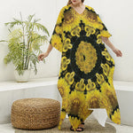 Yellow Flower Kaleidoscope Print Silk V-Neck Kaftan Dress