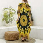 Yellow Flower Kaleidoscope Print Silk V-Neck Kaftan Dress