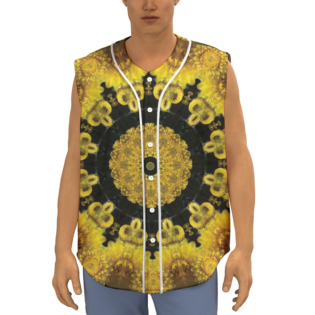 Yellow Flower Kaleidoscope Print Sleeveless Baseball Jersey