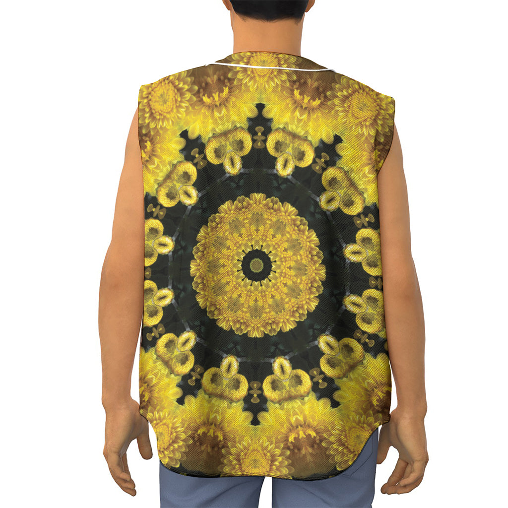 Yellow Flower Kaleidoscope Print Sleeveless Baseball Jersey
