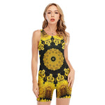 Yellow Flower Kaleidoscope Print Sleeveless One Piece Swimsuit