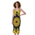Yellow Flower Kaleidoscope Print Slim Fit Midi Cami Dress