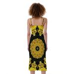 Yellow Flower Kaleidoscope Print Slim Fit Midi Cami Dress