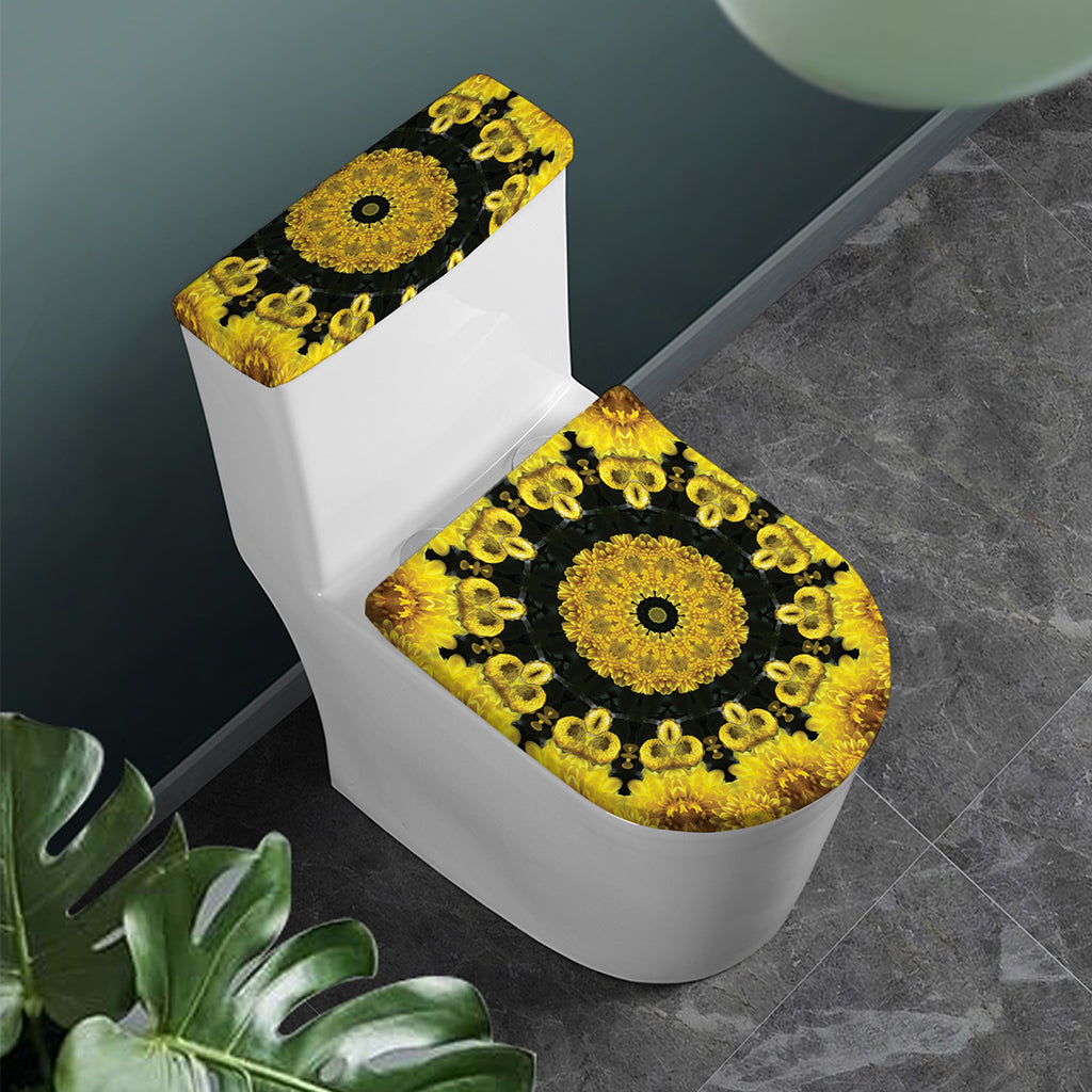 Yellow Flower Kaleidoscope Print Toilet Lid And Tank Cover Set